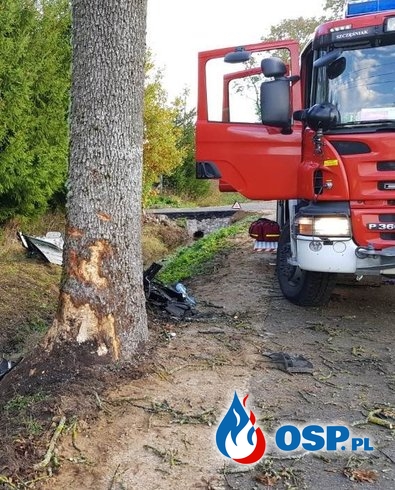 Kierowca zasnął za kierownicą, rozbił auto na drzewie. Zginął pasażer. OSP Ochotnicza Straż Pożarna