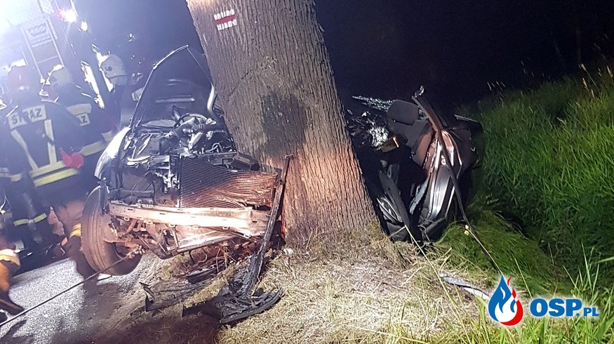 19-latka roztrzaskała auto na drzewie. Dwie osoby zginęły, trzecia walczy o życie. OSP Ochotnicza Straż Pożarna