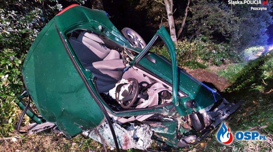 Dwóch kierowców zginęło w wypadku na Śląsku. Ich auta zderzyły się czołowo. OSP Ochotnicza Straż Pożarna
