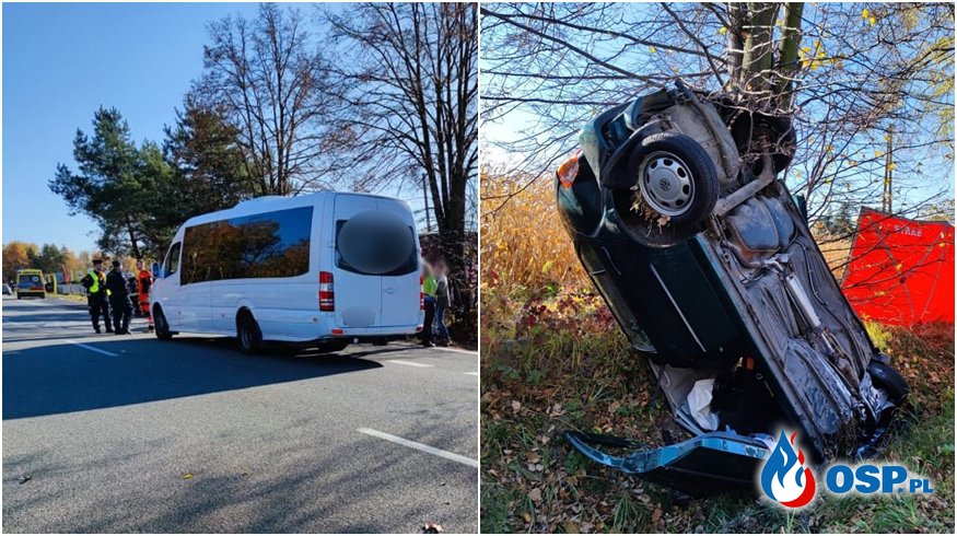 Autobus czołowo zderzył się z autem osobowym. Jedna osoba nie żyje, cztery są ranne. OSP Ochotnicza Straż Pożarna