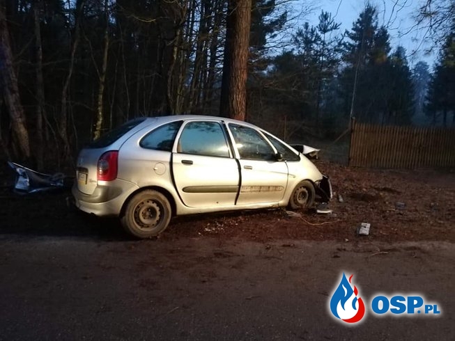 Tragiczny wypadek pod Kętrzynem. Auto uderzyło w drzewo, zginęła pasażerka. OSP Ochotnicza Straż Pożarna