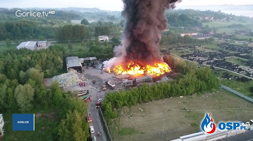 Duży pożar sortowni w Gorlicach. Materiał wideo z drona! OSP Ochotnicza Straż Pożarna