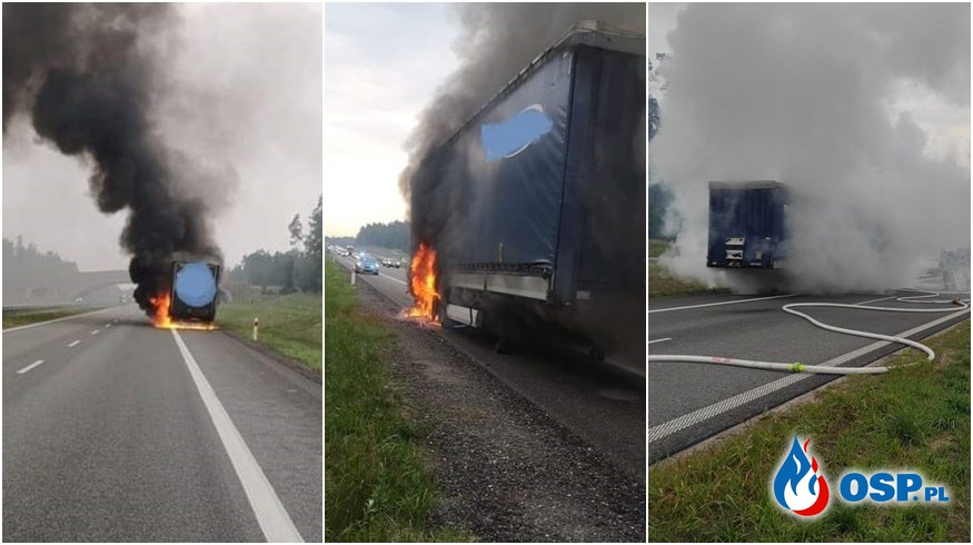 Pożar ciężarówki z drewnem na trasie S7. W akcji 5 zastępów strażaków. OSP Ochotnicza Straż Pożarna