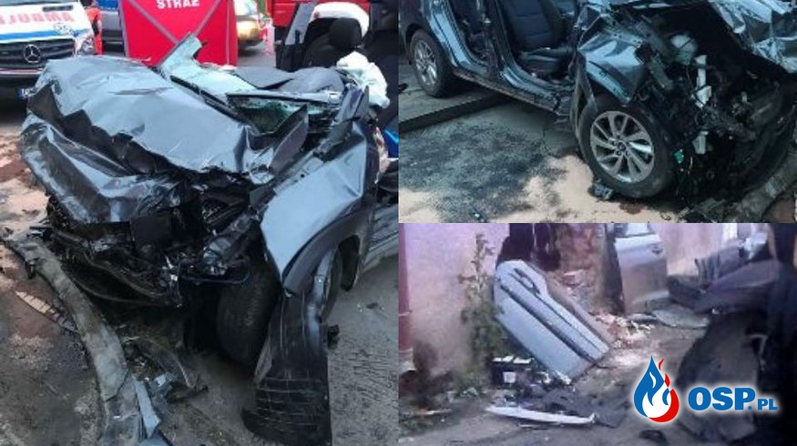 Rozpędzony hyundai uderzył w budynek. Kierowca zginął na miejscu. OSP Ochotnicza Straż Pożarna