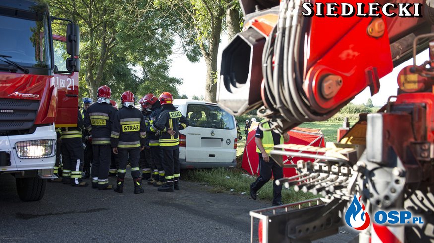 Wypadek śmiertelny w Borkach Siedleckich. Bus zderzył się z osobówką. OSP Ochotnicza Straż Pożarna