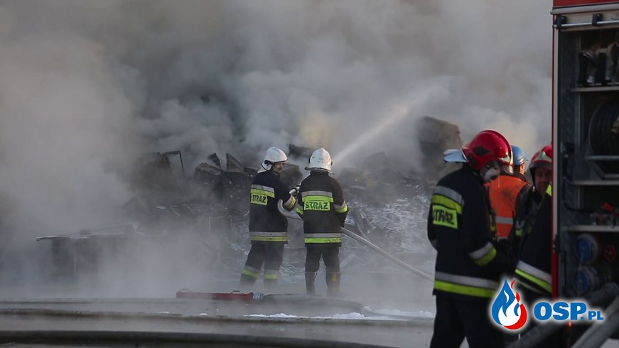 Duży pożar na składowisku elektrośmieci. W akcji prawie 100 strażaków. OSP Ochotnicza Straż Pożarna