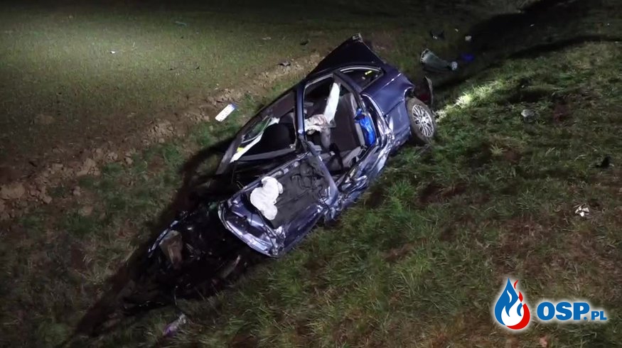 Dachowanie BMW na Dolnym Śląsku. Kierowca zginął. OSP Ochotnicza Straż Pożarna
