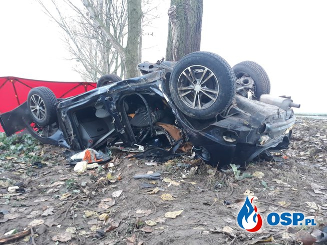 Dwie osoby zginęły w wypadku w Wielkopolsce. Auto roztrzaskało się na drzewie i dachowało. OSP Ochotnicza Straż Pożarna