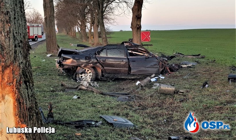 19-latek zginął po tym, jak z ogromną prędkością uderzył samochodem w drzewo. OSP Ochotnicza Straż Pożarna