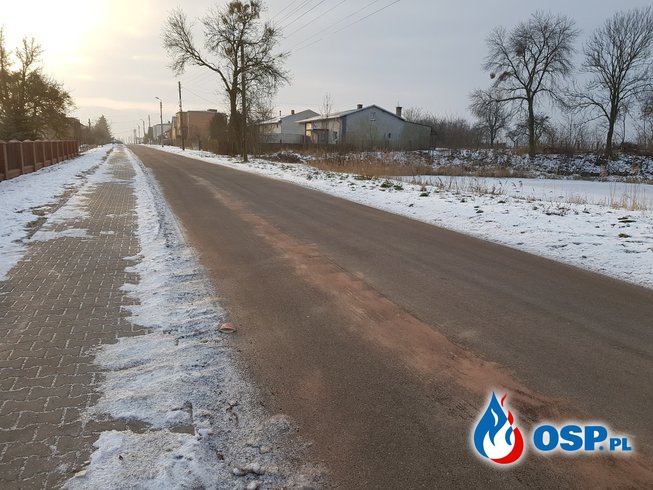 Neutralizacja długiej plamy oleju na ulicy Lipskiej w Lubecku. OSP Ochotnicza Straż Pożarna