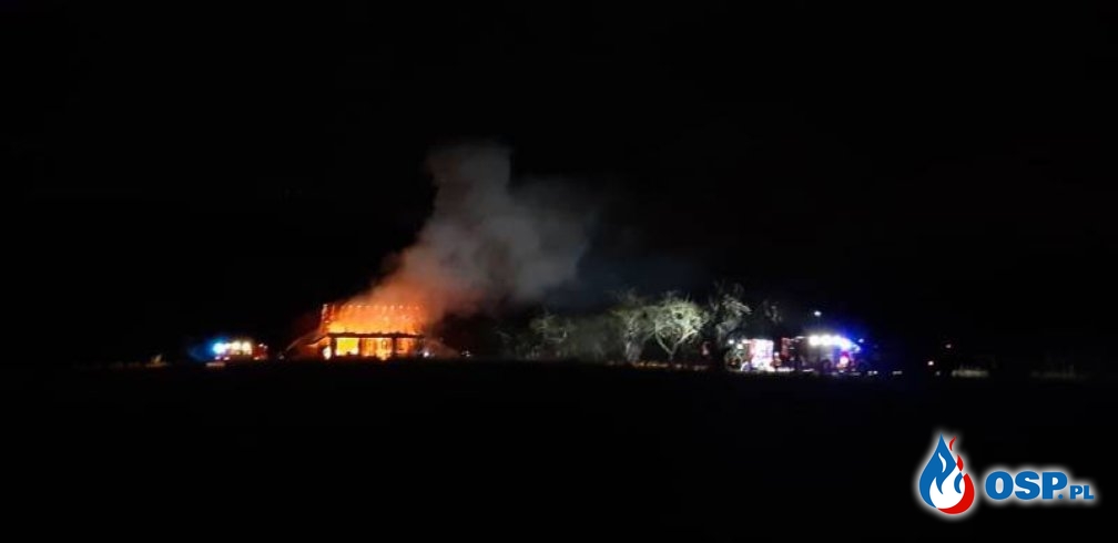 Nocny pożar stodoły w Łącku. W akcji 9 zastępów strażaków. OSP Ochotnicza Straż Pożarna
