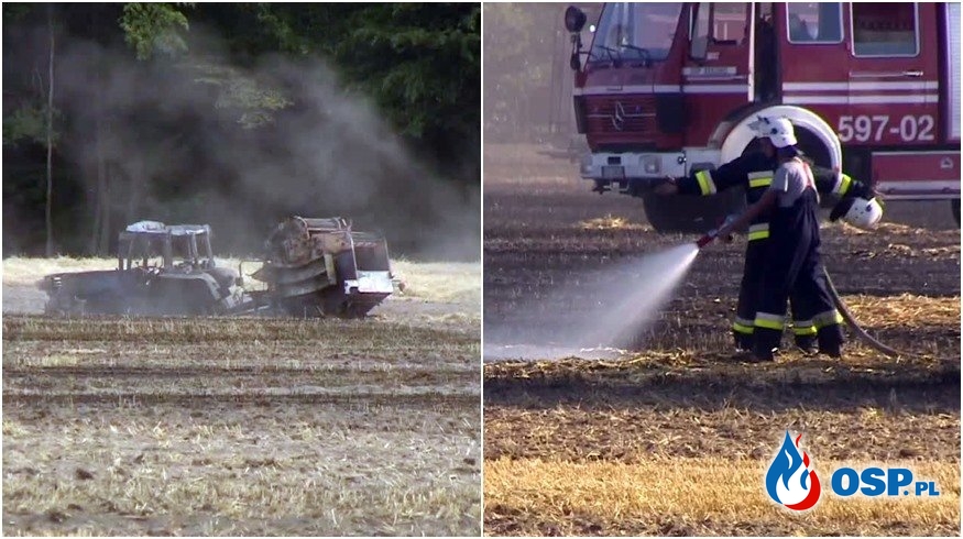 Traktor i prasa do słomy spłonęły w pożarze ścierniska. 90 strażaków w akcji. OSP Ochotnicza Straż Pożarna