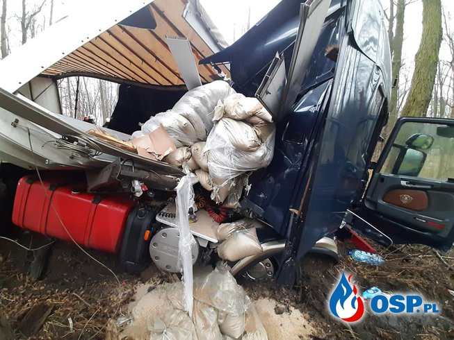 Czołowe zderzenie osobówki z ciężarówką w Nieporęcie. Jedna osoba nie żyje. OSP Ochotnicza Straż Pożarna