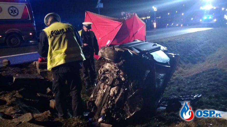Śmiertelny wypadek pod Koninem. Strażacy wycinali kierowcę. OSP Ochotnicza Straż Pożarna