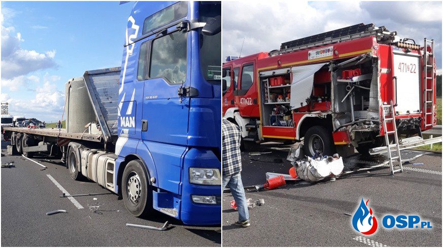Ciężarówka uderzyła w wóz strażaków, którzy gasili płonący pojazd na S6 OSP Ochotnicza Straż Pożarna