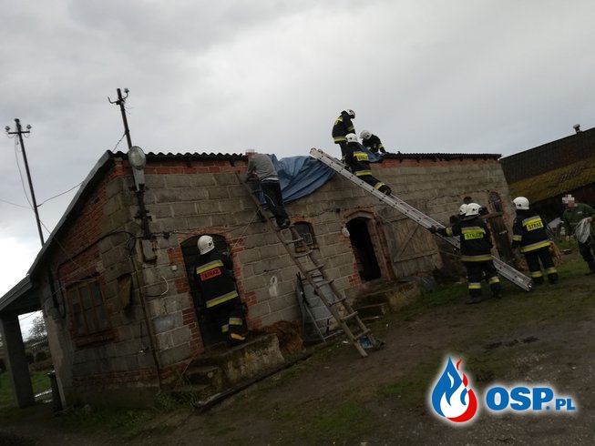 Skutki przejścia gwałtownej burzy - zerwany dach, powalone drzewa OSP Ochotnicza Straż Pożarna