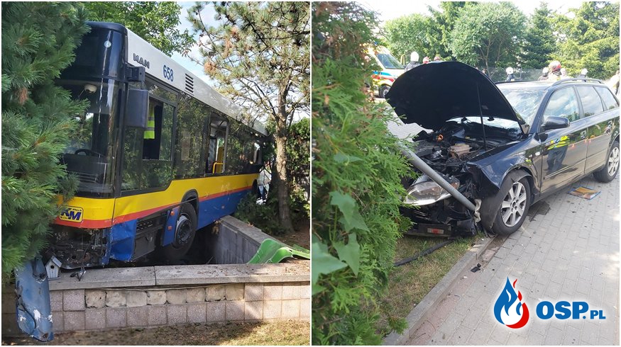 Autobus staranował ogrodzenie posesji po zderzeniu z autem. 6 osób rannych. OSP Ochotnicza Straż Pożarna