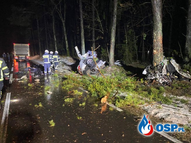 Auto dosłownie rozpadło się po uderzeniu w drzewo. Nie żyje młody kierowca. OSP Ochotnicza Straż Pożarna