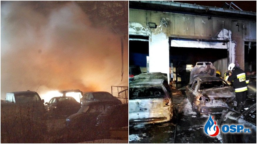 13 spalonych aut i zniszczony warsztat samochodowy. Straty oszacowano na 250 tys. zł. OSP Ochotnicza Straż Pożarna
