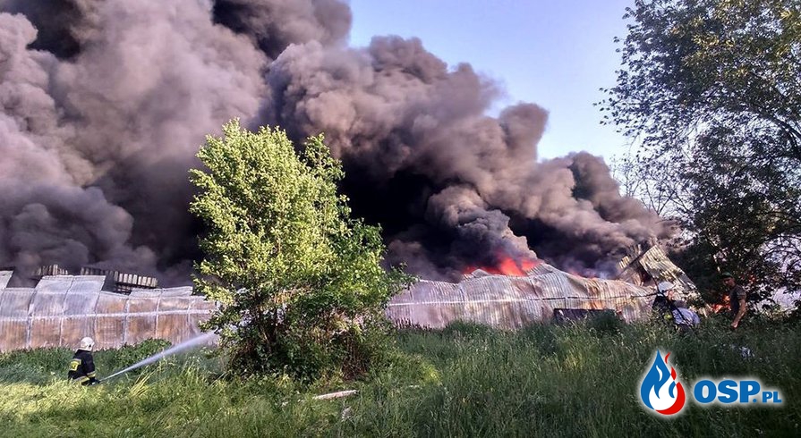 Ogromny pożar hali z oponami w Markowej. Ewakuowano kilkuset okolicznych mieszkańców! OSP Ochotnicza Straż Pożarna