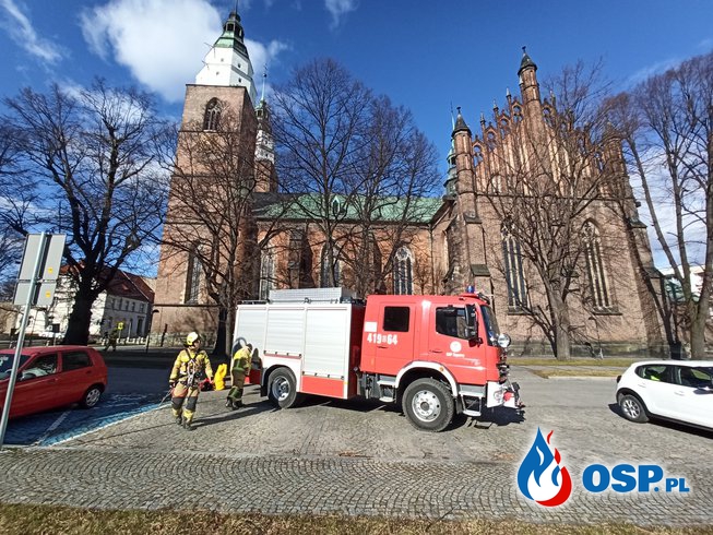 Usuwanie skutków silnego wiatru na głubczyckim kościele OSP Ochotnicza Straż Pożarna