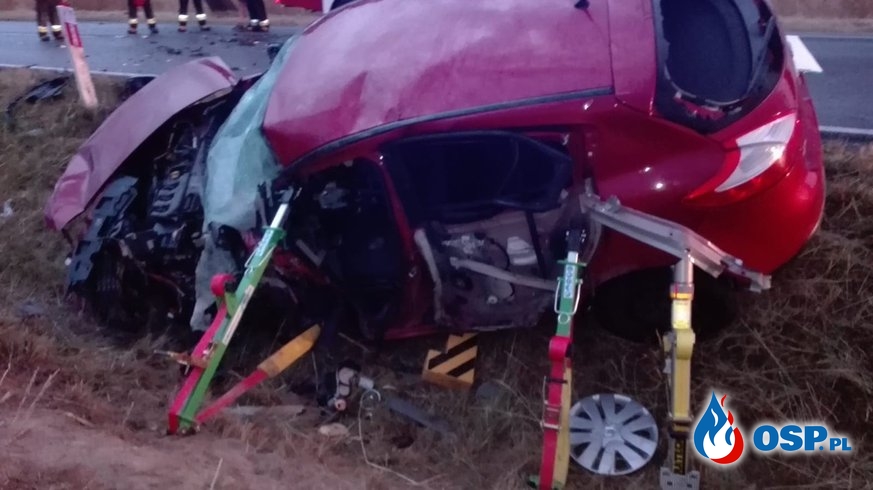 Czołowe zderzenie auta z ciężarówką pod Olesnem. Zginęła 49-letnia kobieta. OSP Ochotnicza Straż Pożarna