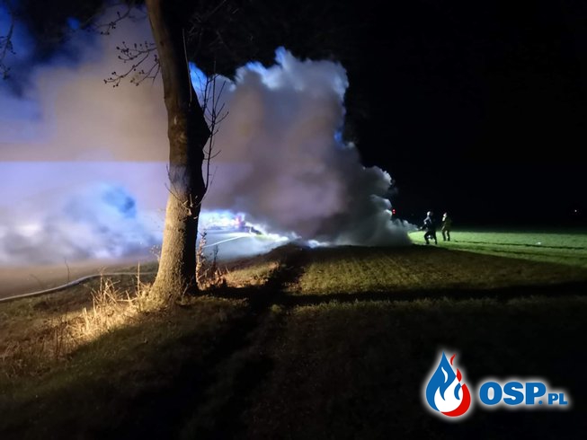 Auto spłonęło po uderzeniu w drzewo. Pijany kierowca cudem uniknął śmierci. OSP Ochotnicza Straż Pożarna