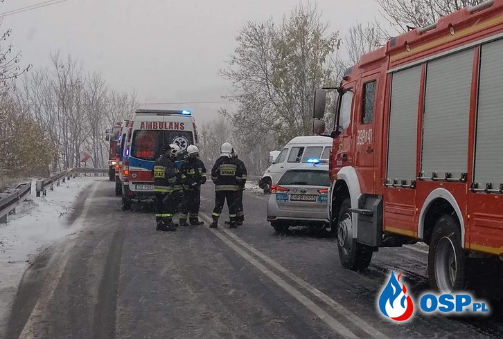 Zima na polskich drogach. Bus wypadł z drogi, trzy osoby ranne. OSP Ochotnicza Straż Pożarna