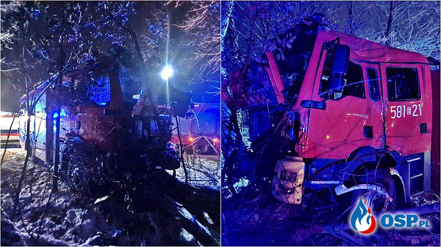 Wóz bojowy uderzył w drzewo podczas dojazdu do pożaru. Czterej strażacy ranni. OSP Ochotnicza Straż Pożarna