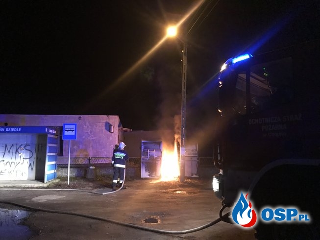 183/2019 Pożar pojemników z odzieżą w Godkowie Osiedle OSP Ochotnicza Straż Pożarna