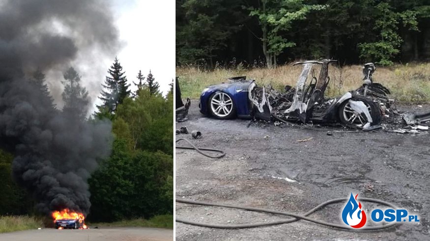 Pożar Tesli, samochód elektryczny doszczętnie spłonął. Film z akcji! OSP Ochotnicza Straż Pożarna