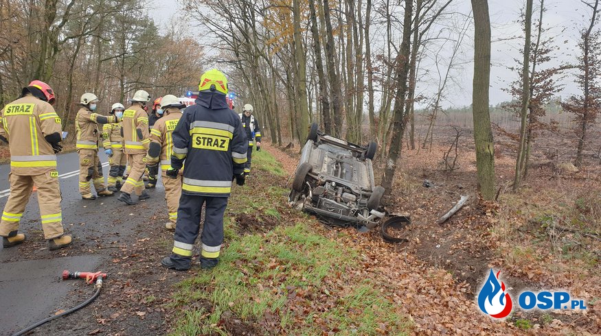 Auto dachowało pod Kędzierzynem-Koźlem. Dwie osoby trafiły do szpitala. OSP Ochotnicza Straż Pożarna