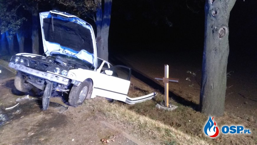 Wypadek w Zalesiu Śląskim. BMW wypadło z drogi i uderzyło w drzewo. OSP Ochotnicza Straż Pożarna