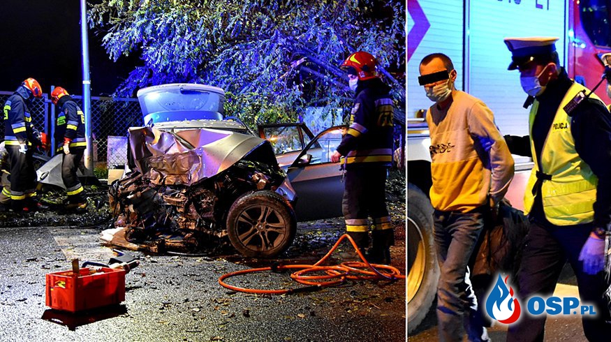 Pijany kierowca BMW rozbił auto na drzewie. Z auta odpadły koła. OSP Ochotnicza Straż Pożarna
