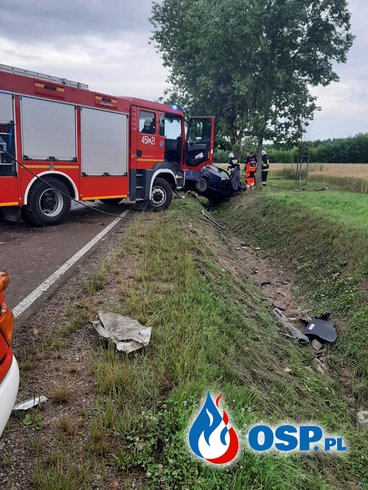 33-letni kierowca nie żyje. Jego auto uderzyło w drzewo. OSP Ochotnicza Straż Pożarna