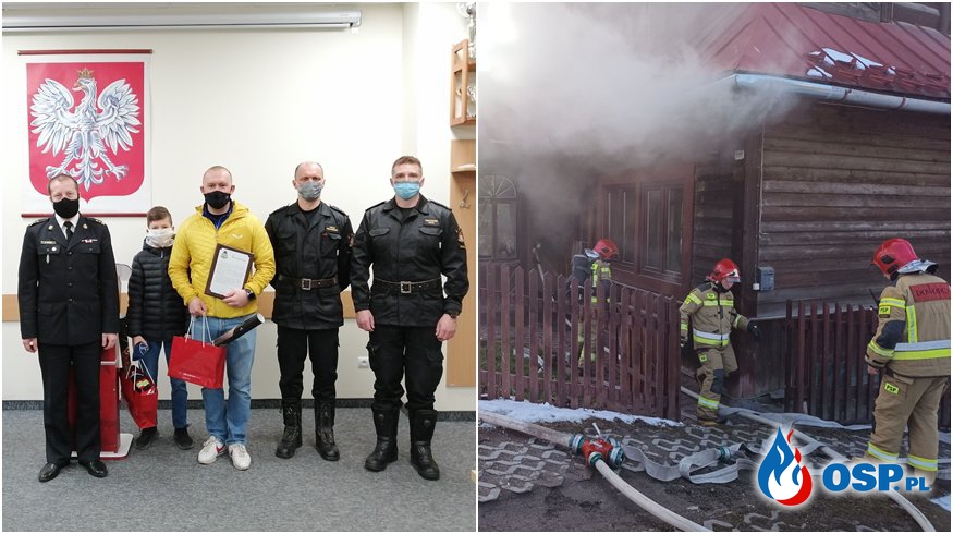 Świadek uratował kobietę z płonącego budynku, jego syn wezwał pomoc. Strażacy podziękowali bohaterom. OSP Ochotnicza Straż Pożarna