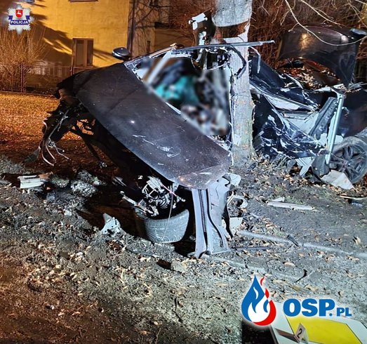 Auto owinęło się wokół drzewa, zginęło dwóch młodych mężczyzn. Tragiczny wypadek w Lublinie. OSP Ochotnicza Straż Pożarna