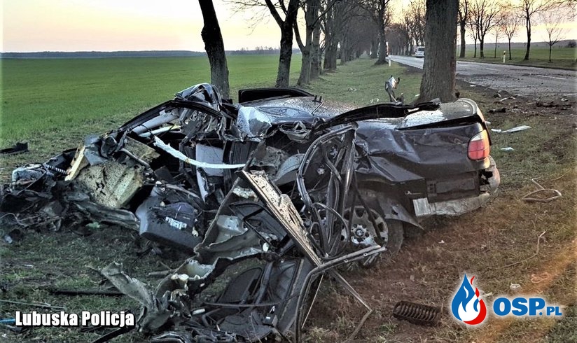 19-latek zginął po tym, jak z ogromną prędkością uderzył samochodem w drzewo. OSP Ochotnicza Straż Pożarna