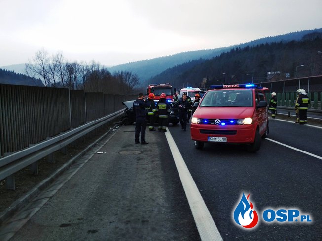 Wypadek na Zakopiance. W Myślenicach zderzyły się dwa samochody. OSP Ochotnicza Straż Pożarna