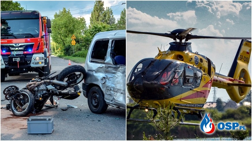 Motocyklista ciężko ranny po wypadku pod Opolem. W akcji śmigłowiec LPR. OSP Ochotnicza Straż Pożarna