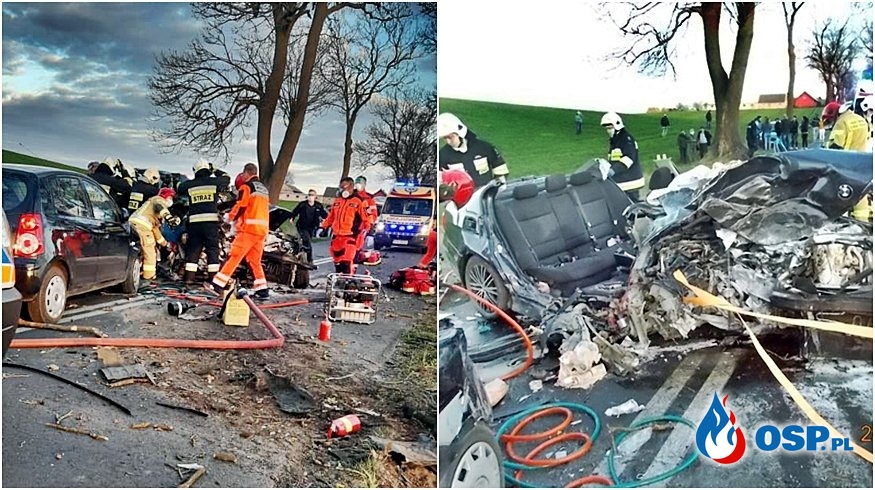 BMW uderzyło w drzewo, na wrak najechało kolejne auto. 4 osoby ranne. OSP Ochotnicza Straż Pożarna