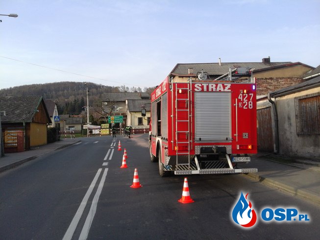 Plama oleju - ul. Krakowska w Babicach OSP Ochotnicza Straż Pożarna