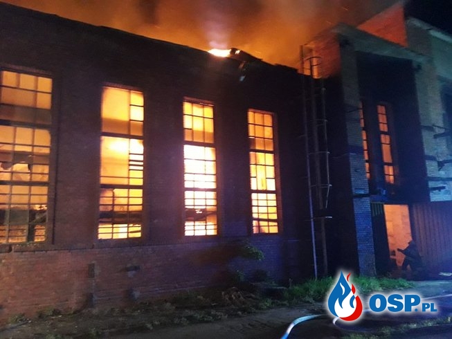 Nocny pożar na terenie huty w Ozimku. Dach zawalił się podczas akcji. OSP Ochotnicza Straż Pożarna