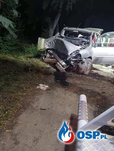 Dwóch mężczyzn zginęło w wypadku pod Malborkiem. Auto rozbiło się na drzewie. OSP Ochotnicza Straż Pożarna