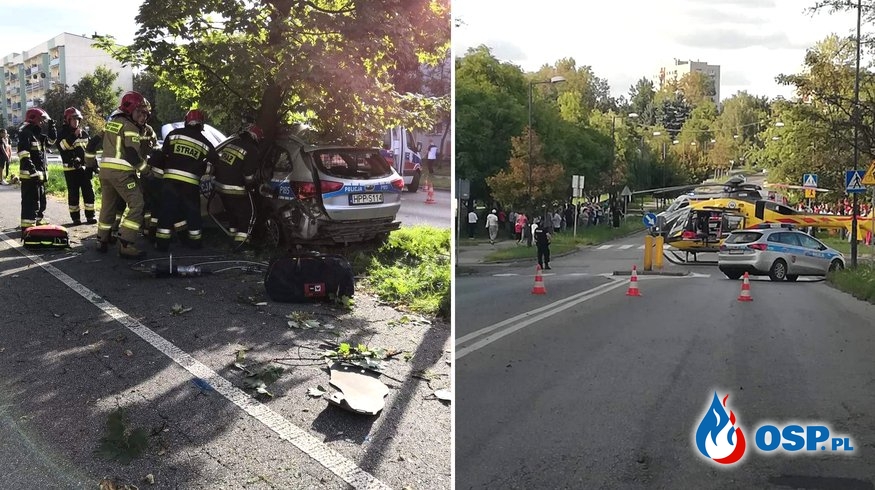 Radiowóz owinął się wokół drzewa. Groźny wypadek w Świętochłowicach. OSP Ochotnicza Straż Pożarna