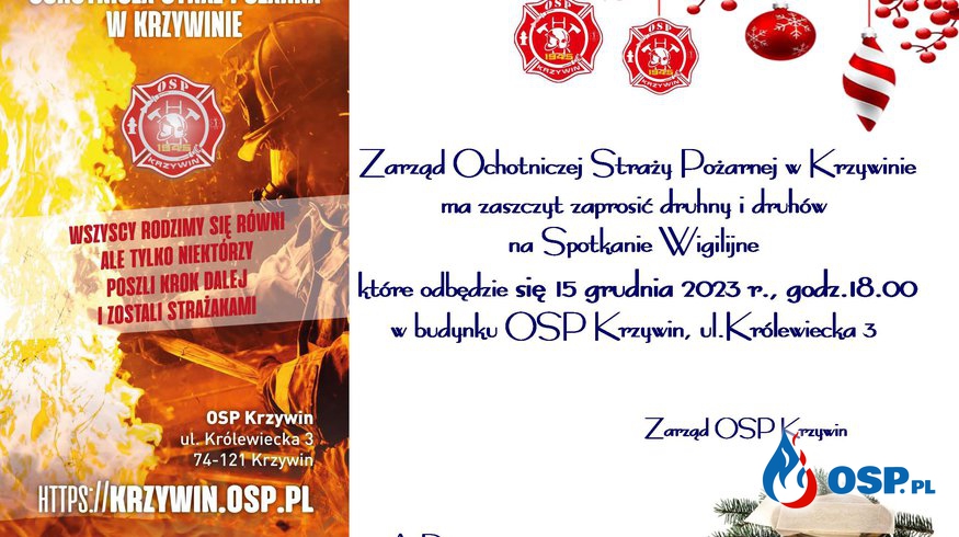 Zaproszenie na "Spotkanie wigilijne" OSP Ochotnicza Straż Pożarna