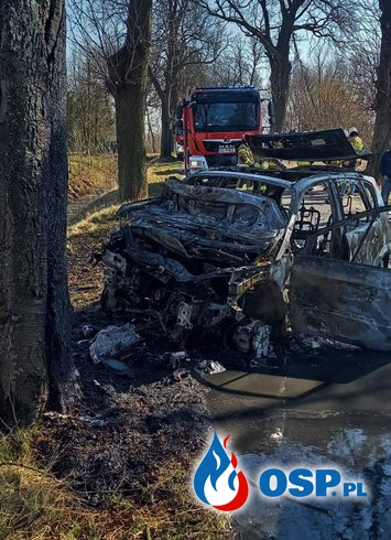 Auto zapaliło się po zderzeniu z drzewem. Kierowca zmarł w szpitalu. OSP Ochotnicza Straż Pożarna