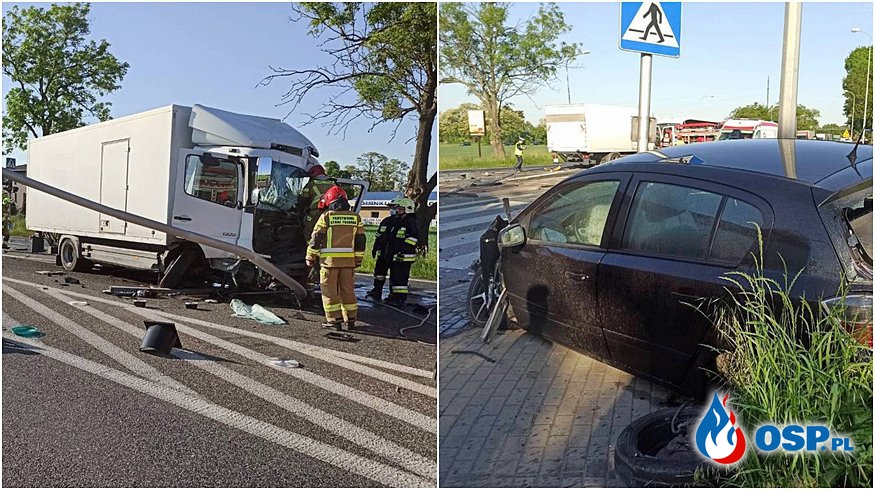 Groźny wypadek na DK92, ciężarówka zderzyła się z autem osobowym. Dwóch kierowców trafiło do szpitala. OSP Ochotnicza Straż Pożarna