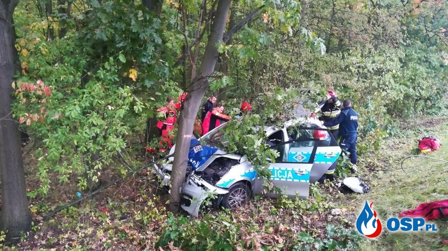 Radiowóz rozbił się na drzewie po zderzeniu z seatem. Ranni policjanci. OSP Ochotnicza Straż Pożarna