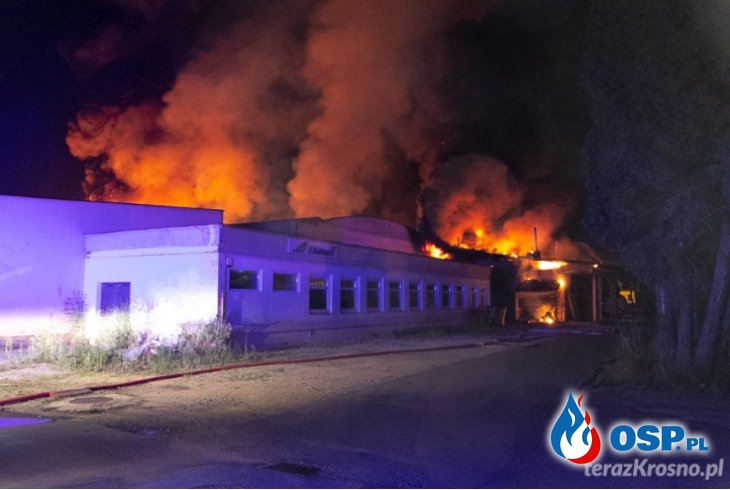 Nocny pożar hali produkcyjnej w Krośnie. W akcji ponad 60 strażaków. OSP Ochotnicza Straż Pożarna
